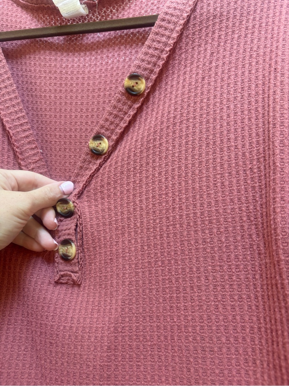 Women’s Waffle Knit Button Henley Sweater Top - Dusty Rose